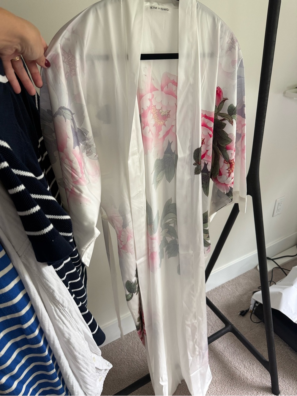 Kimono Satin Robe in White with Pink Floral Print